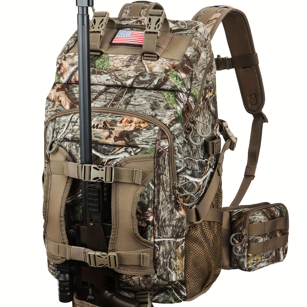 FunVZU High Quality Camo Hunting Backpack with Rain Cover - Large Capacity Softshell Design, Diamond Pattern & American Flag Patch, Adjustable Straps for Rifle, Bow, Gun Hunting Gear