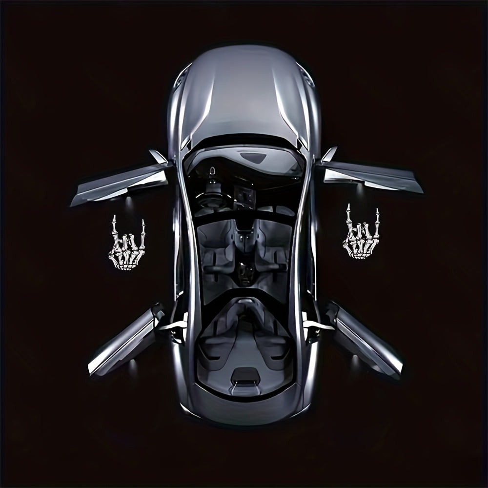 Arm Skull Finger Pattern Car Door Welcome Projector LED Shadow Light, Arm Skull Finger Car Accessories, Arm Skull Finger Gifts, Skull Skeleton Bone Middle Finger, Car Welcome Lights, Christmas Car Decoration, Suitable for All