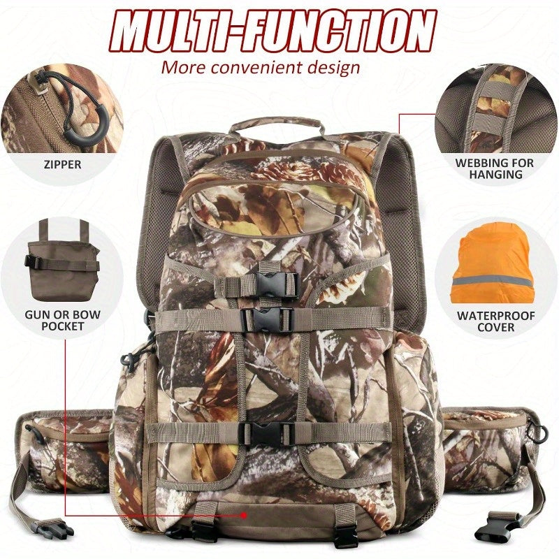 6.6gal Hunting Backpack with Waterproof Rain Cover Large Capacity Day Pack with Holder Men Women Deer Hunting Gear Hunting Accessories Camo PineCones