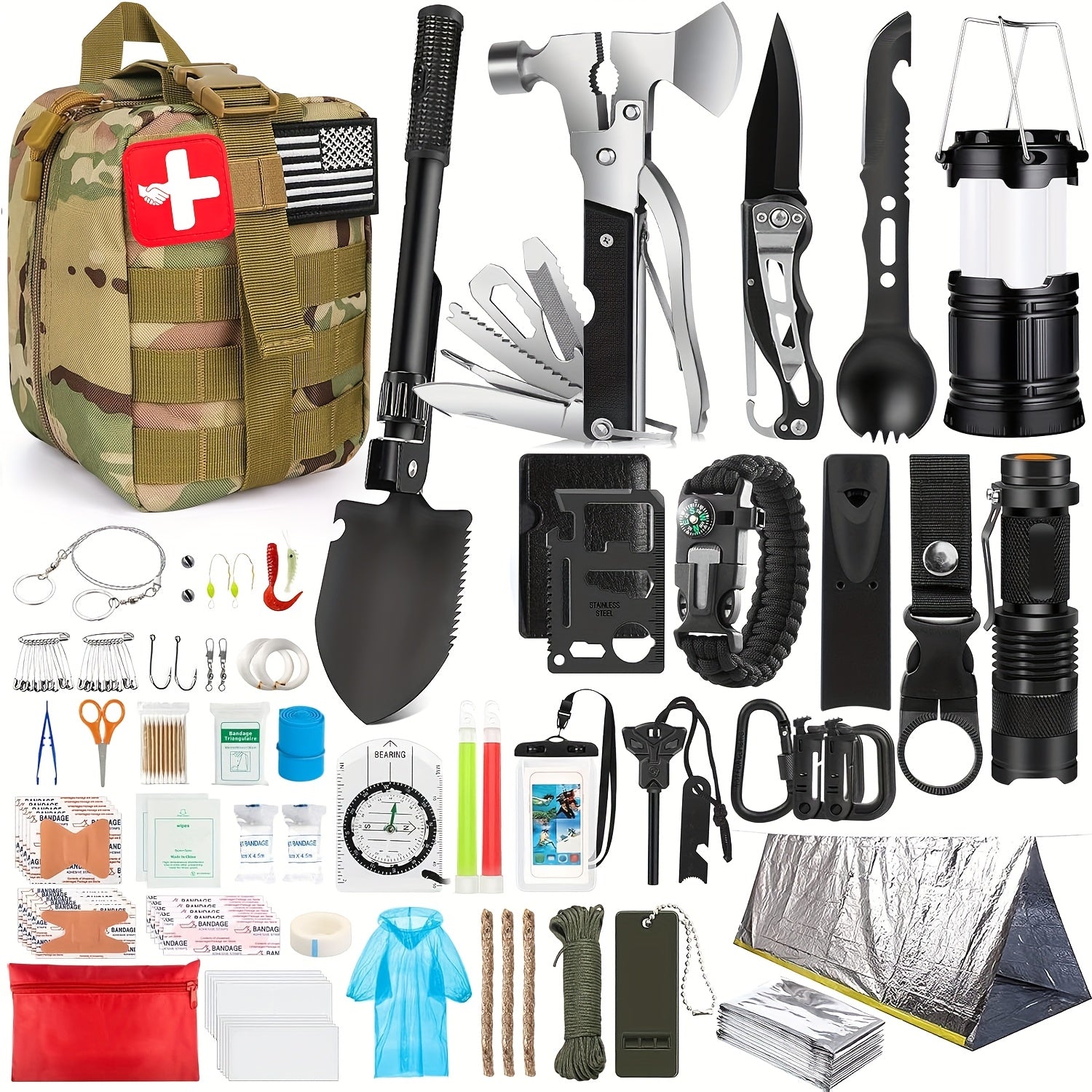 252pcs Survival Gear Kit - All-in-One Emergency Supply Set With MOLLE-Compatible Bag And Emergency Tent - Essential For Earthquakes, Hiking, Hunting, And Outdoor Adventures - Great Gift For Him And Her