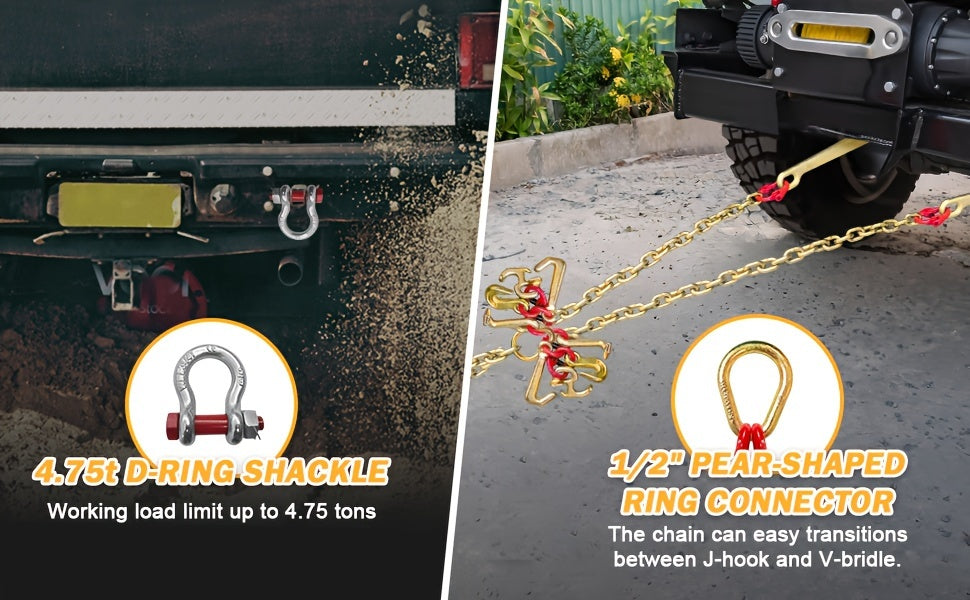 Heavy-Duty 5/16in x 6ft G80 Car Rescue J Hooks Towing Chain - Grab Hooks with 4700lbs WLL, 15in J-Hook, RTJ, Grab & Safety Hook, 5-in-1 V-Bridle Tow Chain for Truck, Farm, Motor Vehicle, Trailer Safety and Recovery