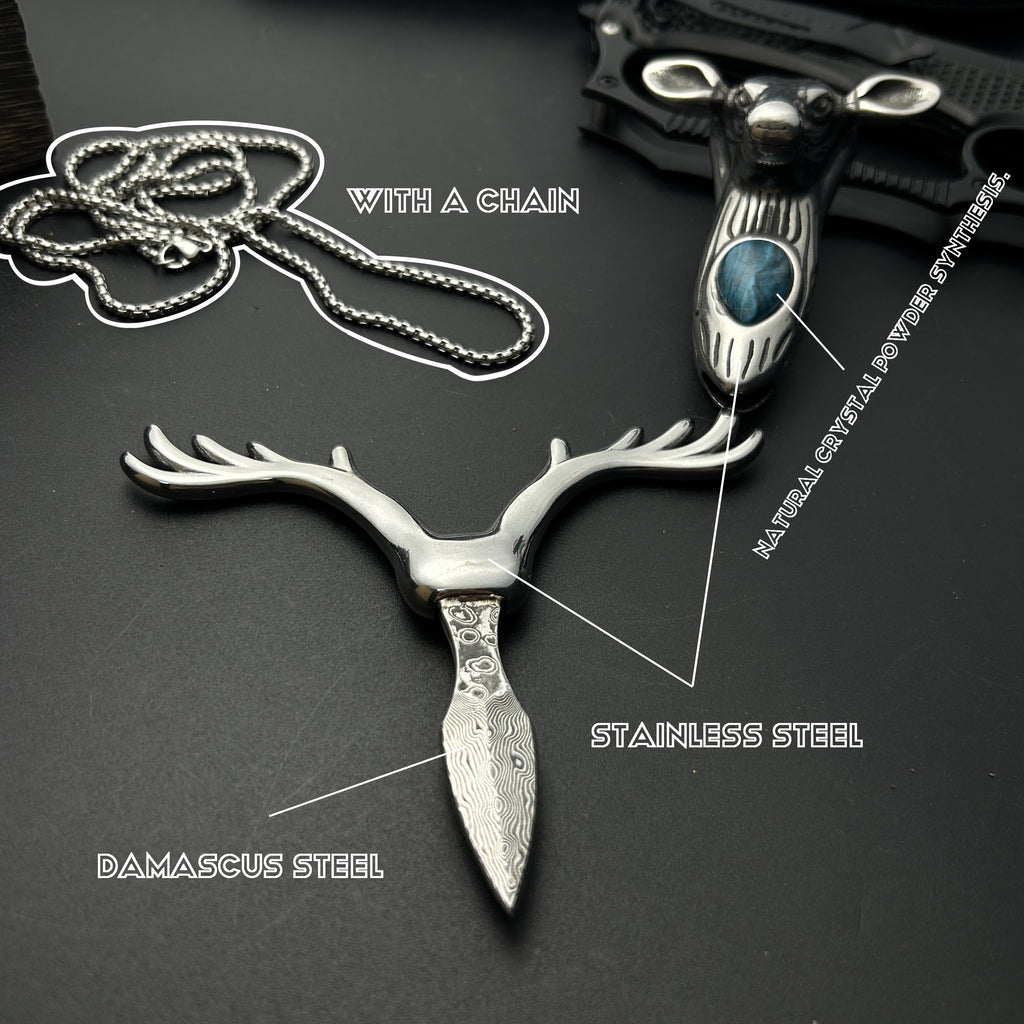 Damascus Steel 316 Stainless Steel Tea Knife Coffee Synthetic Crystal Longhorn Christmas Pendant Necklace Clasp, Paper Cutter, Box Opener Pocket Knife EDC