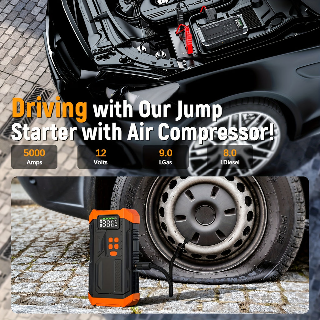 HPBS 5000A Portable Car Jump Starter with Air Compressor- 12V Battery Booster with 150 PSI Tire Inflator Air Pump for 12V Vehicles(Up to 2.11gal Gas And 1.72gal Diesel Engines), Car Jump Box with LED Light, Fast Charging USB