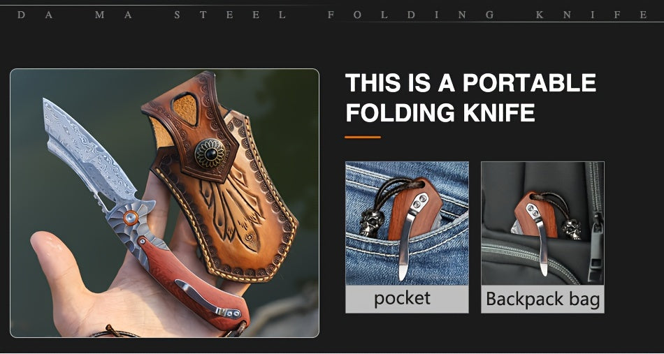 1PC High Quality Handmade Damascus Steel Folding Pocket Knife With Leather Sheath, Pocket Back Clip, Rosewood Handle, Men's EDC Pocket Knife, Outdoor Camping, Mountaineering Adventure, Traveling Fishing Tool Knife