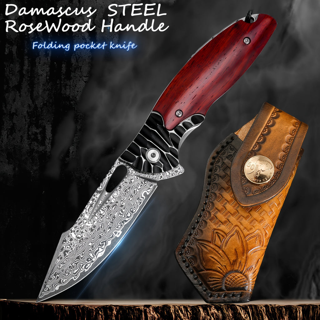 1PCS Damascus Steel Folding Pocket Knife - High-Carbon VG10 Steel Core Blade, RoseWood Handle, Leather Sheath, Compact EDC Tool for Outdoor Camping and Hiking Adventures