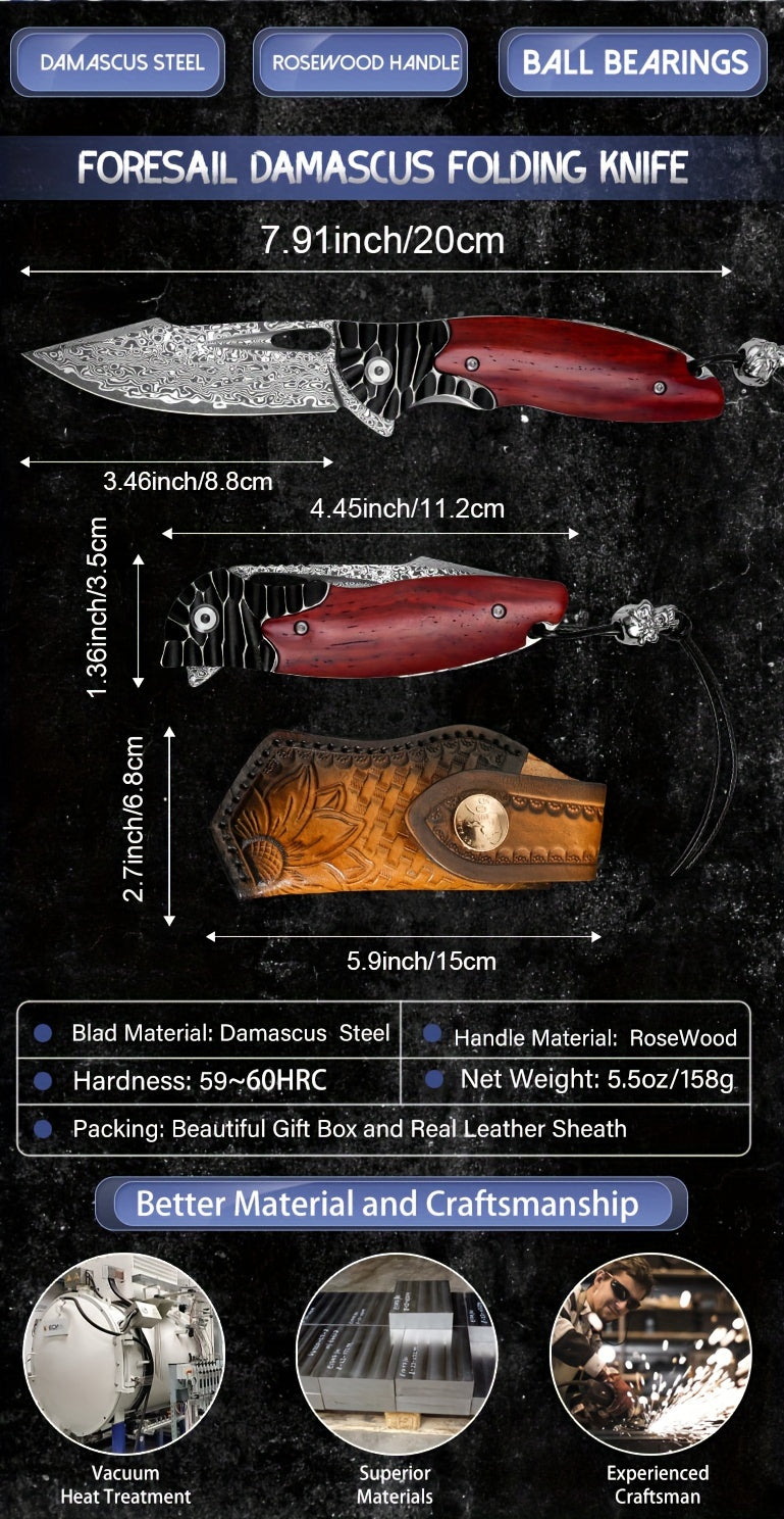 1PCS Damascus Steel Folding Pocket Knife - High-Carbon VG10 Steel Core Blade, RoseWood Handle, Leather Sheath, Compact EDC Tool for Outdoor Camping and Hiking Adventures
