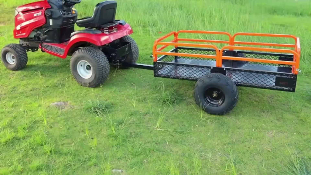 Heavy Duty Steel ATV Dump Trailer, 15 Cubic Feet Capacity, Black & Orange Grid Design with Removable Sides and 2 Tires, Compatible with Mowers, Tractors, ATV, UTV - Ideal for Garden and Farm Use, Outdoor Hauling | Functional