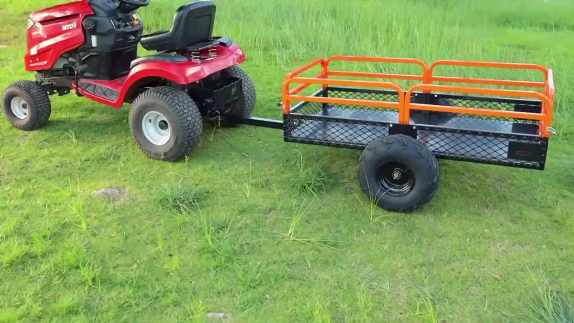 Heavy Duty Steel ATV Dump Trailer, 15 Cubic Feet Capacity, Black & Orange Grid Design with Removable Sides and 2 Tires, Compatible with Mowers, Tractors, ATV, UTV - Ideal for Garden and Farm Use, Outdoor Hauling | Functional