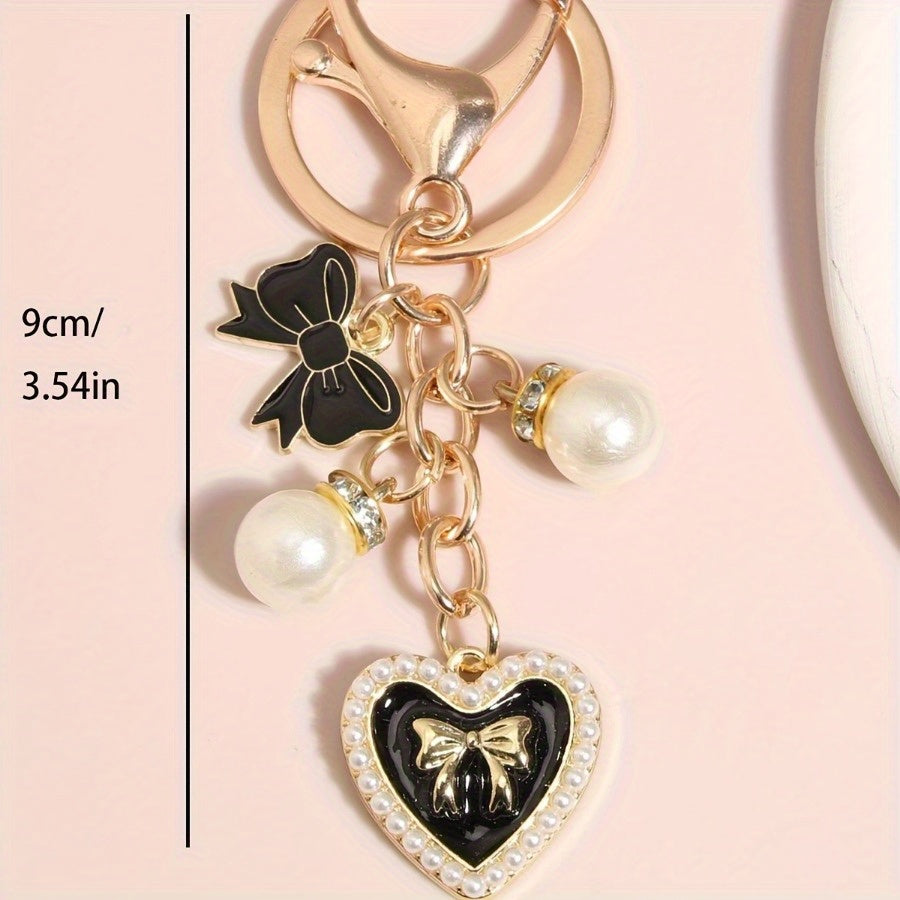 Y2K Butterfly Keychain with, Faux Pearls & Crystal Heart Charm - Golden-Tone Lobster Clasp Key Ring for Bags, Backpacks, Car Accessories, Bag Charm, Heart And Bow Design, Decorative Charms