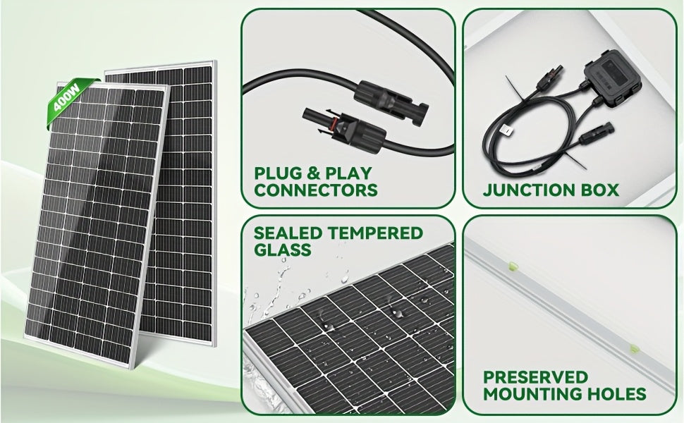 High Efficiency 25.5% 400W Monocrystalline Solar Panels - Durable Aluminum Frame & Weather-Resistant - for Rooftop, Farm, House, RVs & Off-Grid Systems - Low Light Energy Production - Long-Term Use