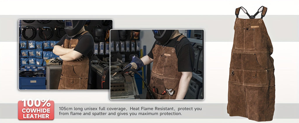 YESWELDER Leather Welding Work Shop Apron With 6 Pockets Heat Flame Resistant Cowhide Welder Apron Heavy Duty Blacksmith Aprons Adjustable For Welders Men Women Length 41"