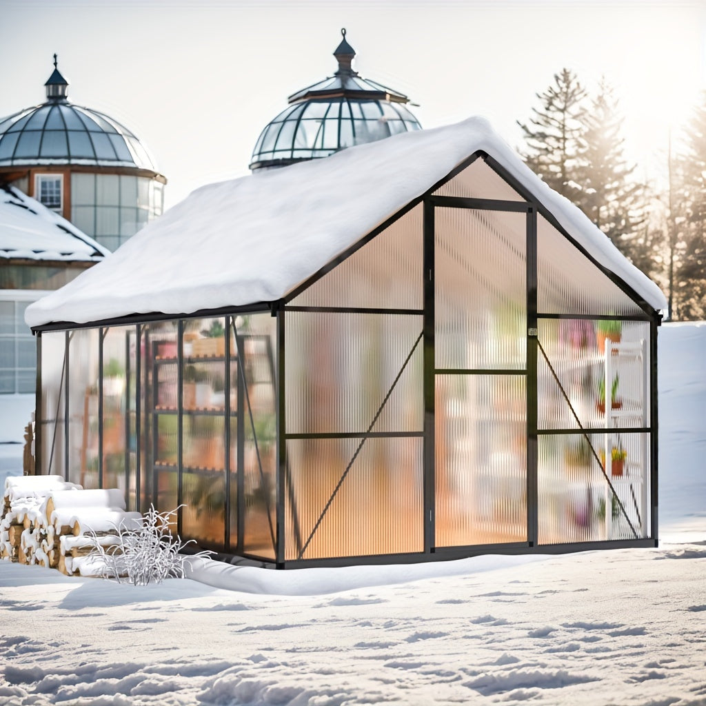 AirWire Heavy-Duty Walk-In Greenhouse with UV-Resistant Polycarbonate Panels & Large Black Aluminum Frame - Easy Assembly, Lockable Door & Roof Vent System, All-Weather Outdoor Garden Greenhouse for Backyard, Balcony, Urban F