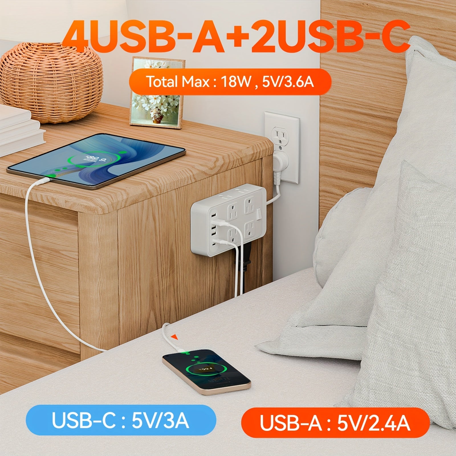 Compact Surge Protector Power Strip with 8 AC Outlets & 6 USB Ports (4 USB A & 2 USB C), 3-Inch Short Extension Cord, 45° Right Angle Flat Head Design for Home, Office, Dorm, and Travel, Dorm Room Organizer | Modern Tech Acc