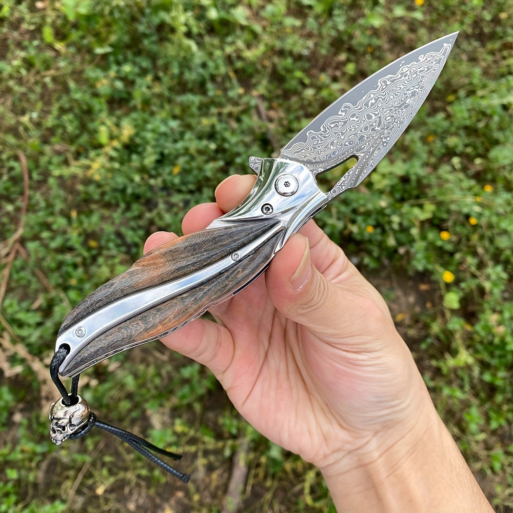 1 Piece, Damascus Steel Folding Pocket Knife, Premium Quality High Hardness Knife With Leather Sheath, Stabilized Cured Wood Handle, EDC Camping And Fishing Knife, Great For Adventure, Outdoor Hiking Tools, Men's Folding Knif