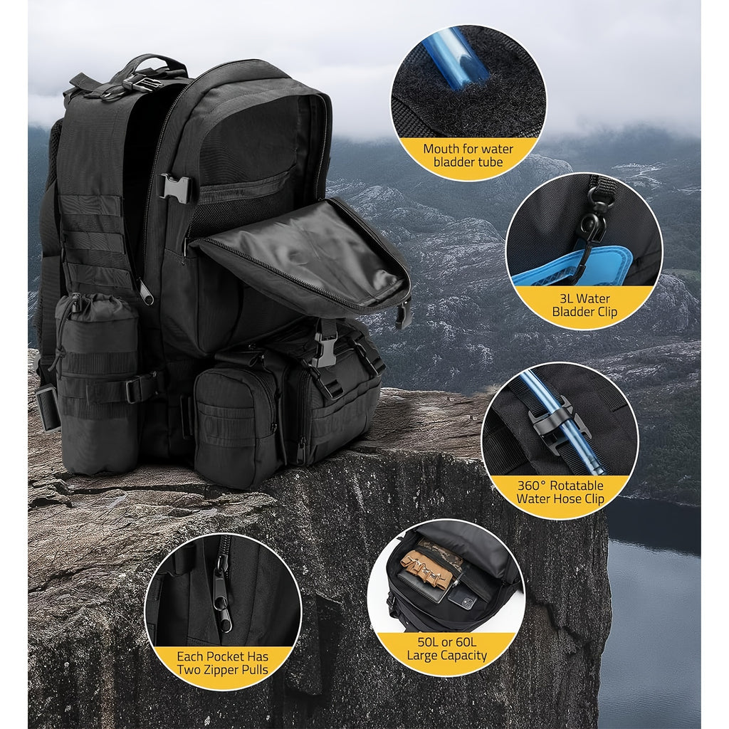 EZshoot 15.85gal Large Outdoor Backpack - High Quality & Scratch-Resistant 900D Oxford, Detachable Hydration Pouch & Crossbody Bag, MOLLE Webbing System with 8 Carabiners & 4 D-Rings, Adjustable Padded Straps for Hunting, Cam