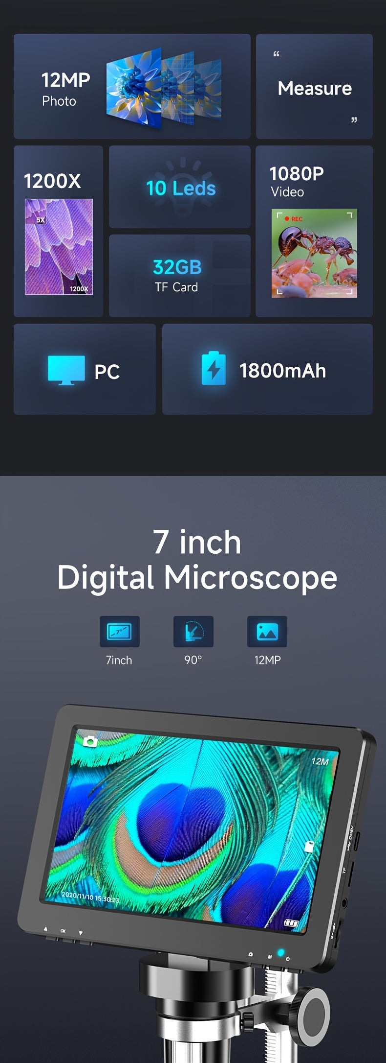 Rievbcau 7-Inch Hd Digital Microscope With 1200X Magnification - Perfect For Electronics Repair & Photography