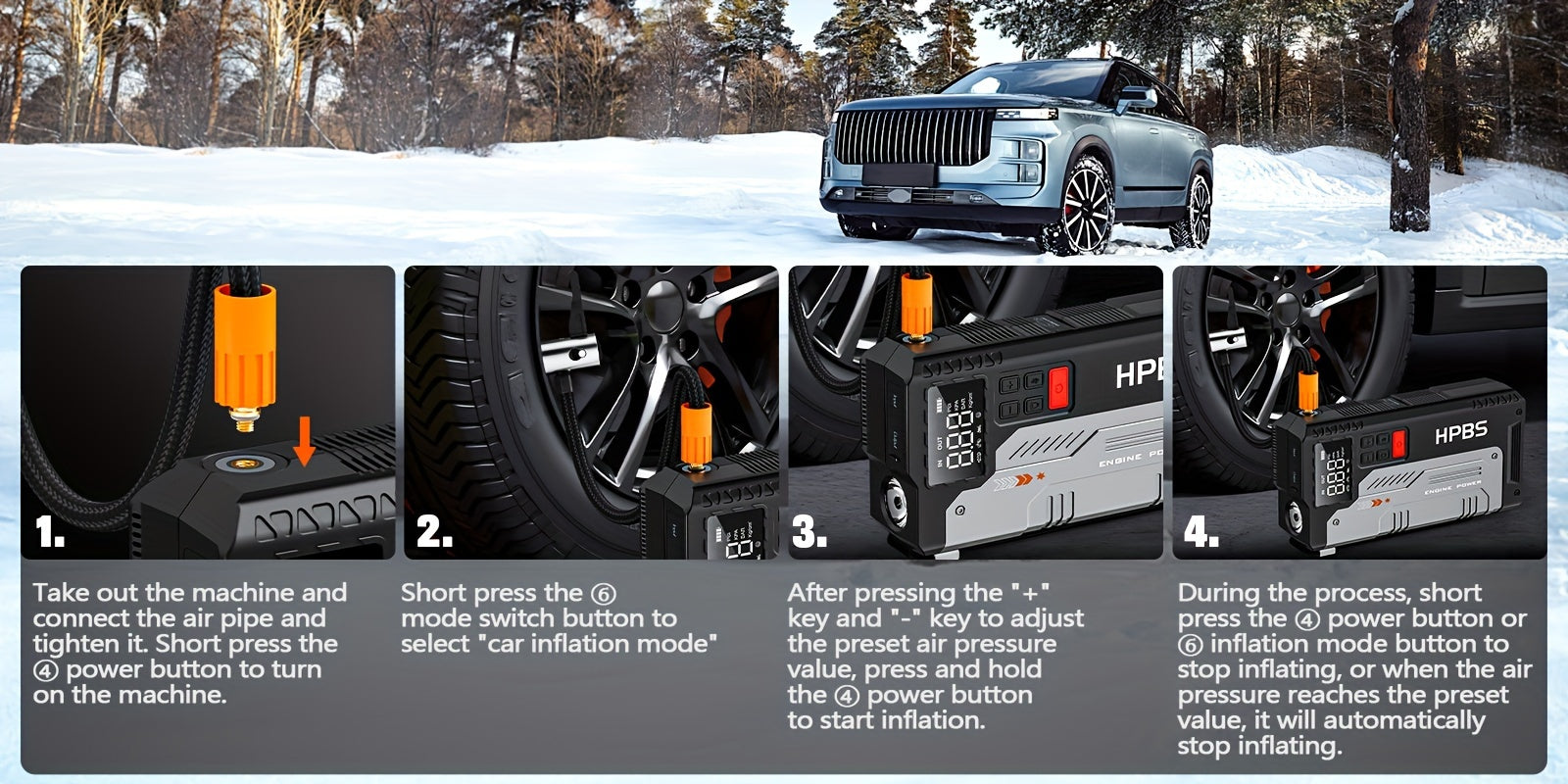 HPBS 5000A Portable Car Jump Starter with Air Compressor- 12V Battery Booster with 150 PSI Tire Inflator Air Pump for 12V Vehicles(Up to 2.11gal Gas And 1.72gal Diesel Engines), Car Jump Box with LED Light, Fast Charging USB