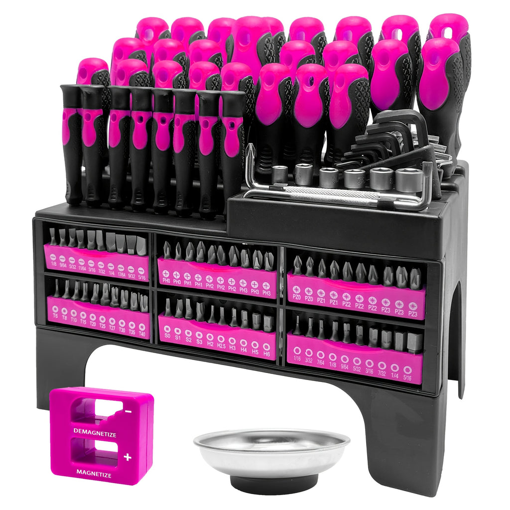 118pcs Magnetic Screwdriver Set with Plastic Rack And Magnetic Tool Bowl, Chrome Vanadium Steel, Multi-size for Electronics And Precision Work, Non-Slip Rubber Handles, Durable Metal Construction (Rose Red)