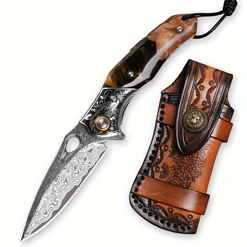 Elite Damascus Steel Pocket Knife - High-Carbon, Razor-Sharp, Ergonomic Maple Handle, Premium Sheath, Ultimate Camping, Survival, Mountaineering, Hiking, Fishing, EDC Companion for Men and Women
