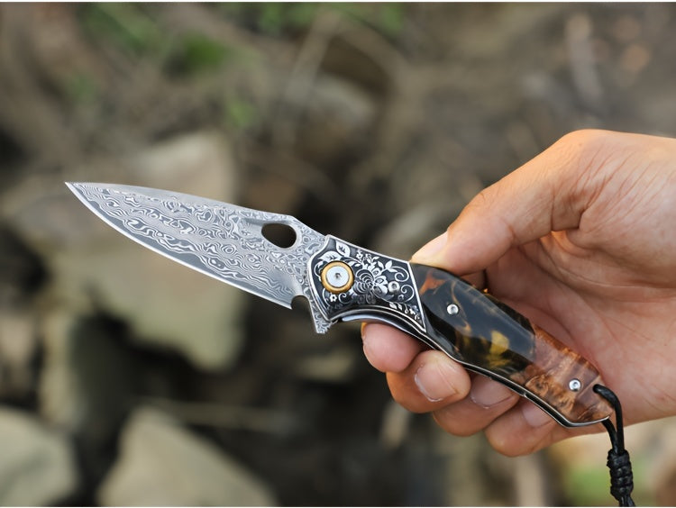 Elite Damascus Steel Pocket Knife - High-Carbon, Razor-Sharp, Ergonomic Maple Handle, Premium Sheath, Ultimate Camping, Survival, Mountaineering, Hiking, Fishing, EDC Companion for Men and Women