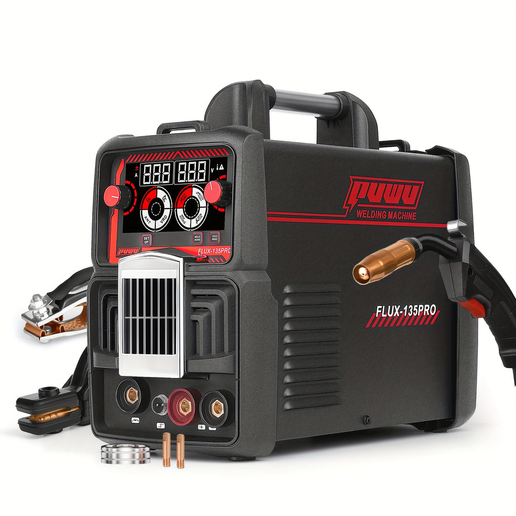 135A 110V 3-in-1 Flux Core MIG/TIG/Stick Welder with Digital Display, Gasless, Hot Start, and Anti-Stick Protection
