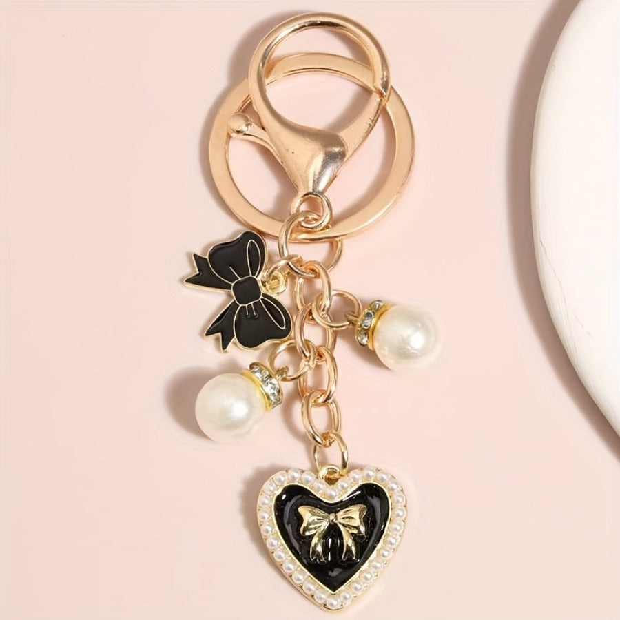 Y2K Butterfly Keychain with, Faux Pearls & Crystal Heart Charm - Golden-Tone Lobster Clasp Key Ring for Bags, Backpacks, Car Accessories, Bag Charm, Heart And Bow Design, Decorative Charms
