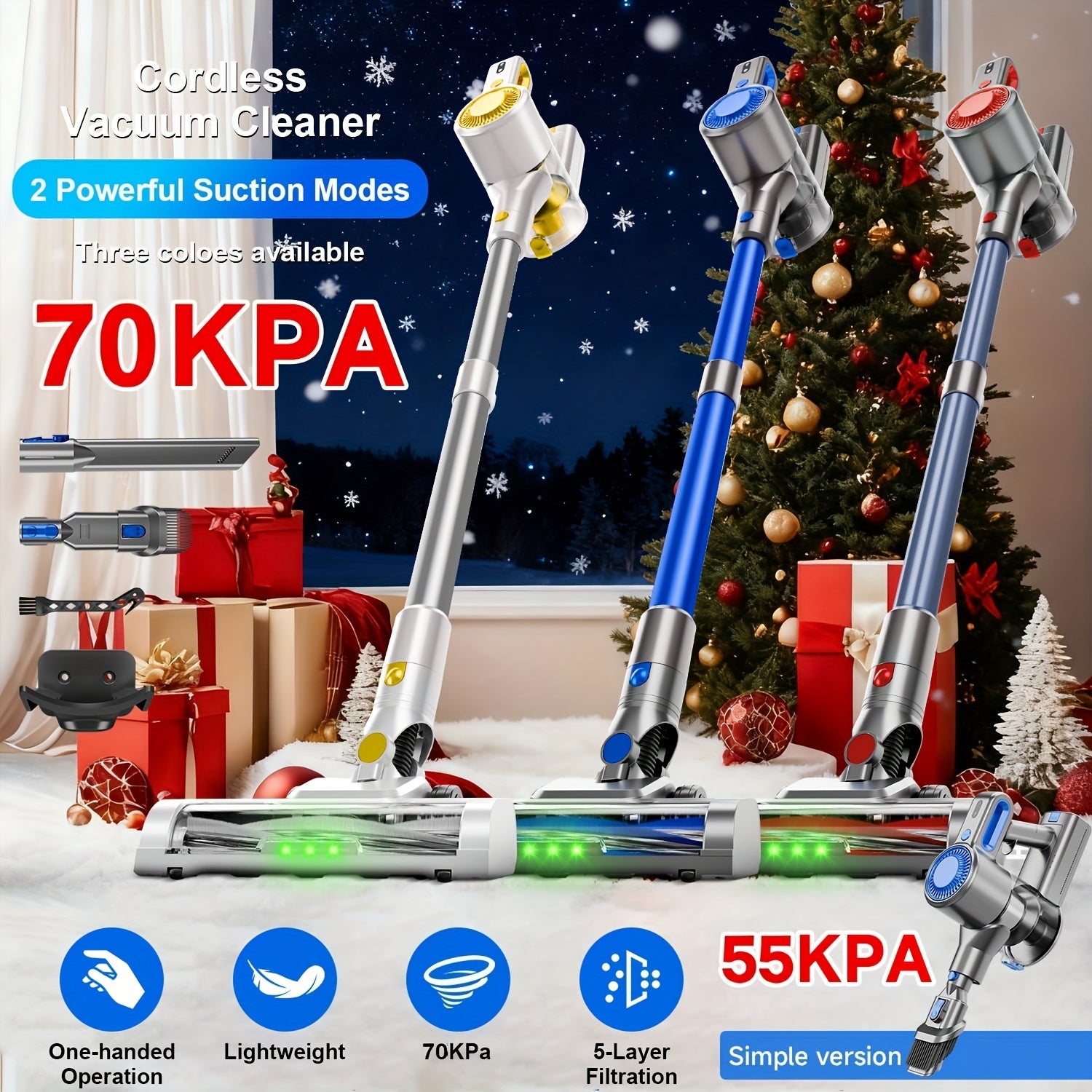 55-70 KPA Lightweight Vacuum Cleaner with Upgraded Green LED, Anti-tangle Brush, Removable Battery, Multiple Suction Levels, Up to 45 Minutes Of Battery Life, Women's Car Accessories, Vacuum Cleaner for Carpets, Pet Hair, And