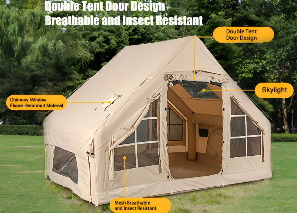 Inflatable Camping Tents With Hand Pump, Air Glamping Tents, Easy Setup Waterproofand Windproof Blow Up Tent, 4 Seasons Oxford Cabin Tent With Mesh & Chimney Window