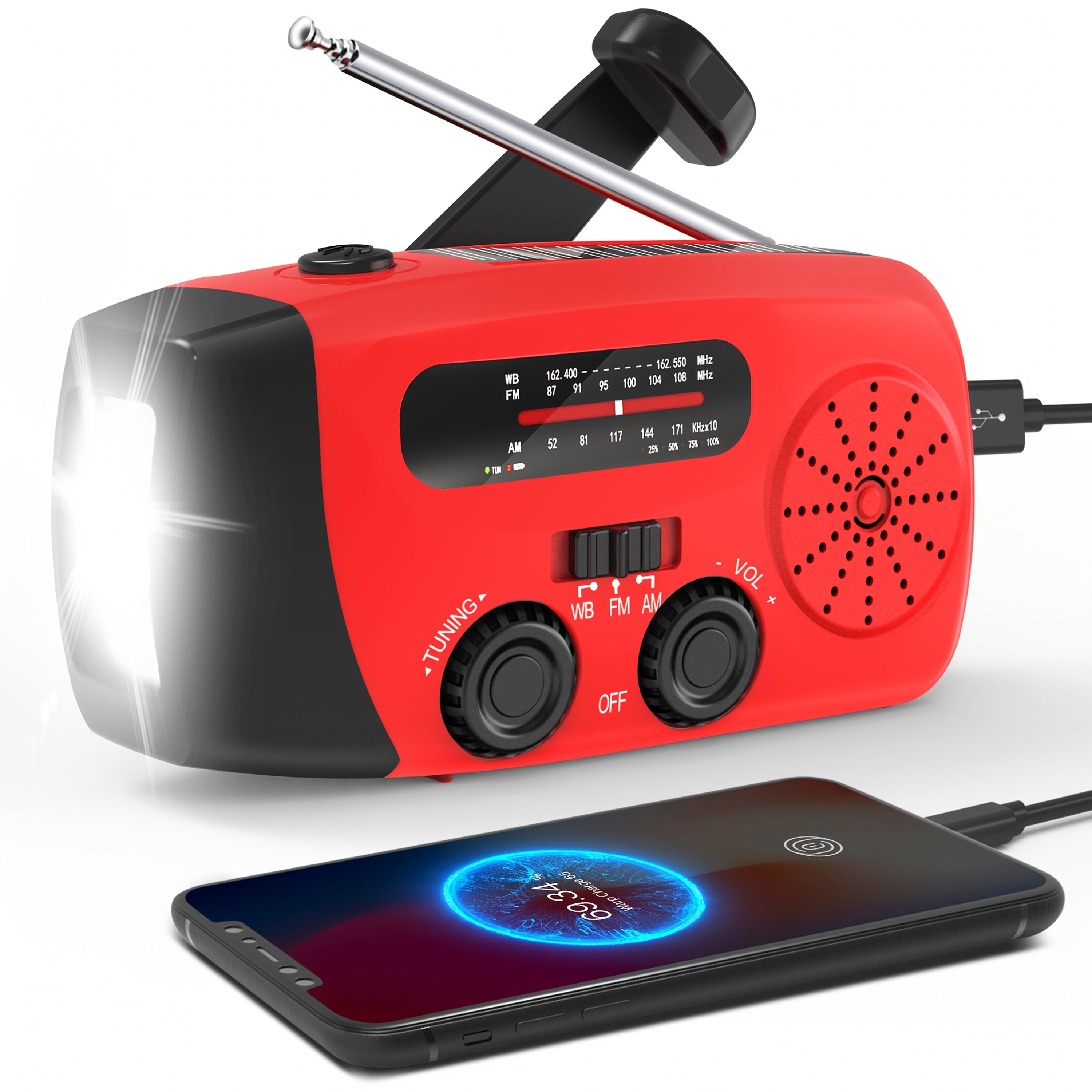 Emergency Radio: Solar-Powered, Power Bank, Hand Crank, AM/FM NOAA Portable Weather Radio, 2000 MAh Mobile Power, USB Charging, Solar, With LED Flashlight, Hurricane, Survival Gear