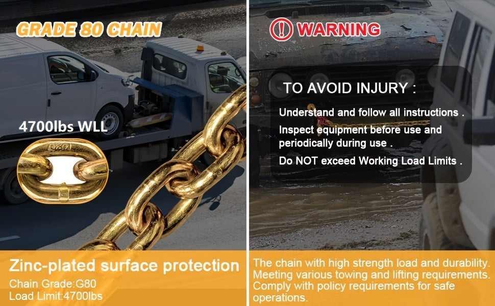 Heavy-Duty 5/16in x 6ft G80 Car Rescue J Hooks Towing Chain - Grab Hooks with 4700lbs WLL, 15in J-Hook, RTJ, Grab & Safety Hook, 5-in-1 V-Bridle Tow Chain for Truck, Farm, Motor Vehicle, Trailer Safety and Recovery