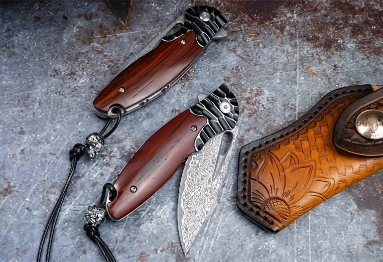 1PCS Damascus Steel Folding Pocket Knife - High-Carbon VG10 Steel Core Blade, RoseWood Handle, Leather Sheath, Compact EDC Tool for Outdoor Camping and Hiking Adventures