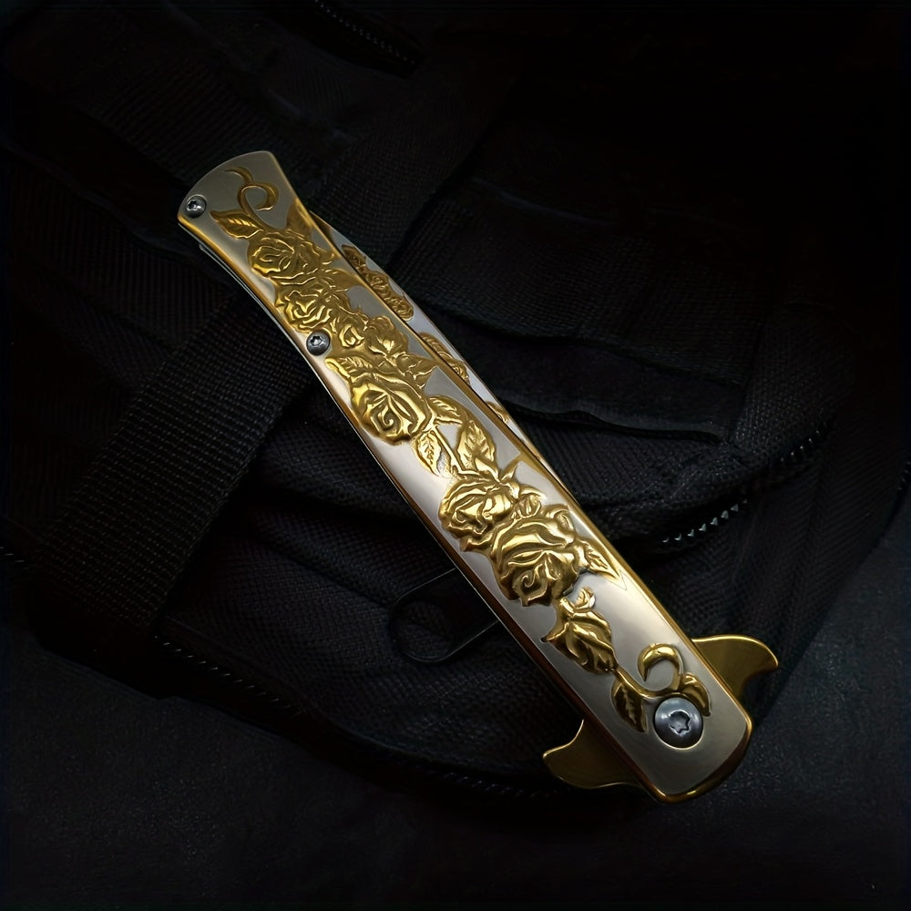 Taumas Golden-Tone Pocket Knife with Rose Engraving, Foldable Design & Back Clip - Perfect Gift for Men