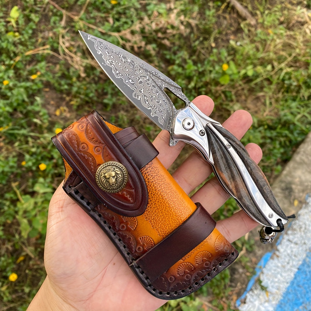 1 Piece, Damascus Steel Folding Pocket Knife, Premium Quality High Hardness Knife With Leather Sheath, Stabilized Cured Wood Handle, EDC Camping And Fishing Knife, Great For Adventure, Outdoor Hiking Tools, Men's Folding Knif