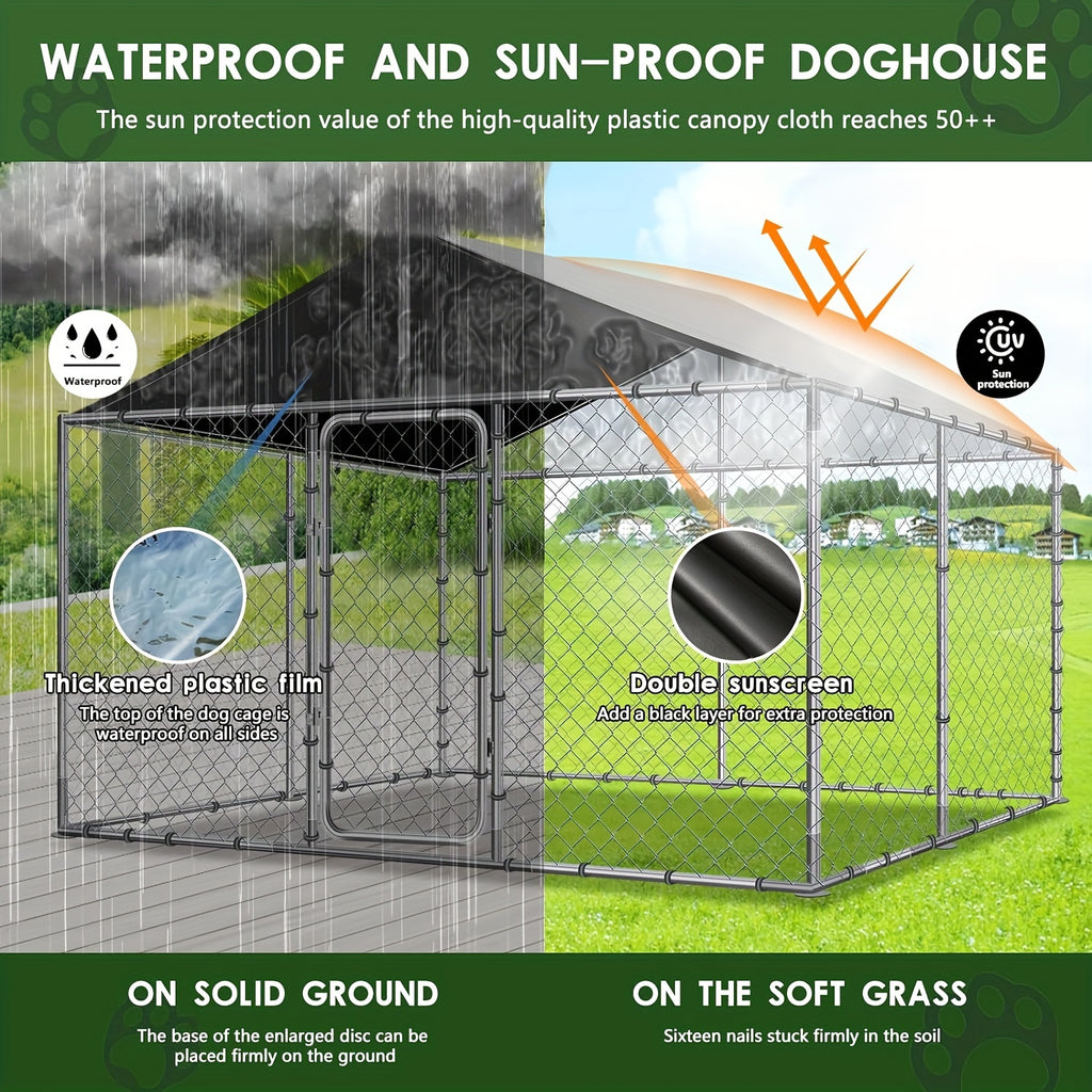 Dog Kennel Outdoor Large Dog House Outside with Waterproof Canopy, Heavy Duty Dog Playpen Galvanized Anti-Rust Dog Cage for Farm Backyard Garden (118'' L x 118'' W x 83'' H)