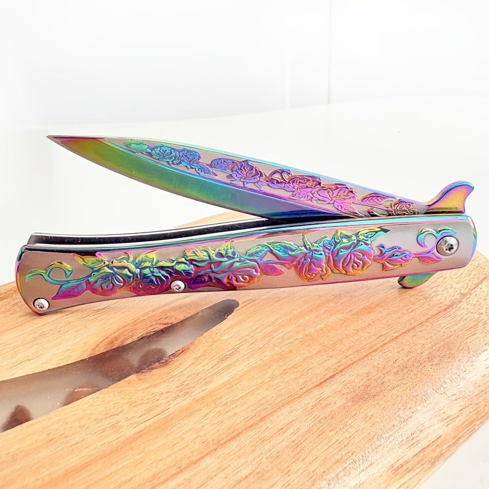 Taumas Golden-Tone Pocket Knife with Rose Engraving, Foldable Design & Back Clip - Perfect Gift for Men