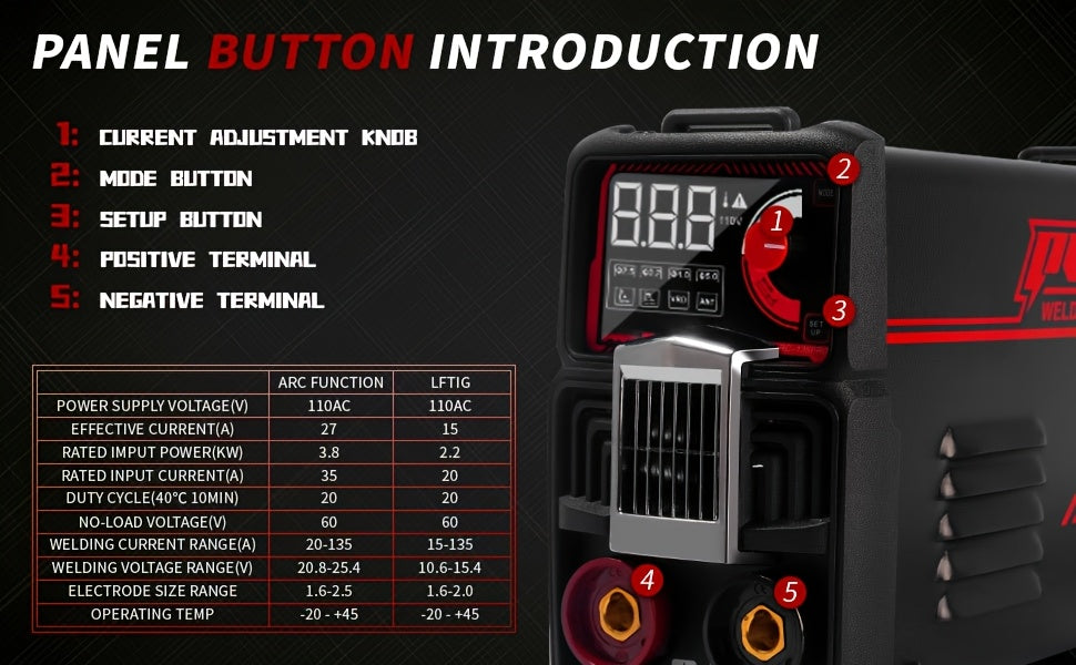 135A 110V Stick/Lift TIG 2-in-1 Welder Dc Inverter Welder With LCD Digital, Thermal Protection, Electrodes, Hot Start Portable MMA Arc/Lift TIG Welder