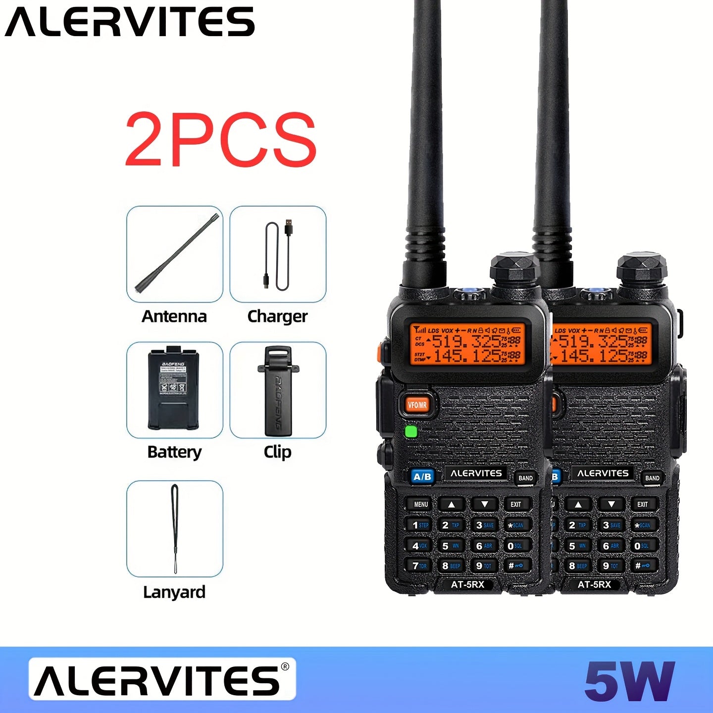 2pcs ALERVITES AT-5RX/5RX High-Power Dual-Frequency Two-Way Radio, 5W/8W Handheld Walkie-Talkie with UHF/VHF Frequencies (65-108/136-174/220-260/350-390/400-479MHz), USB/Battery Powered, LCD Display, Ergonomic Grip, Long Rang