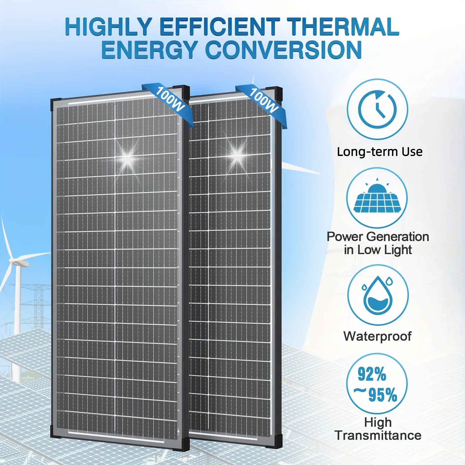 2pcs Double-sided 100W Solar Panels 12V High-efficiency Monocrystalline Double-sided Solar Panels with Busbar Hidden and Waterproof Technology, Ideal for RV, Vehicle, Home Farm Battery Charging, Camping, Outdoor Hiking and Ot