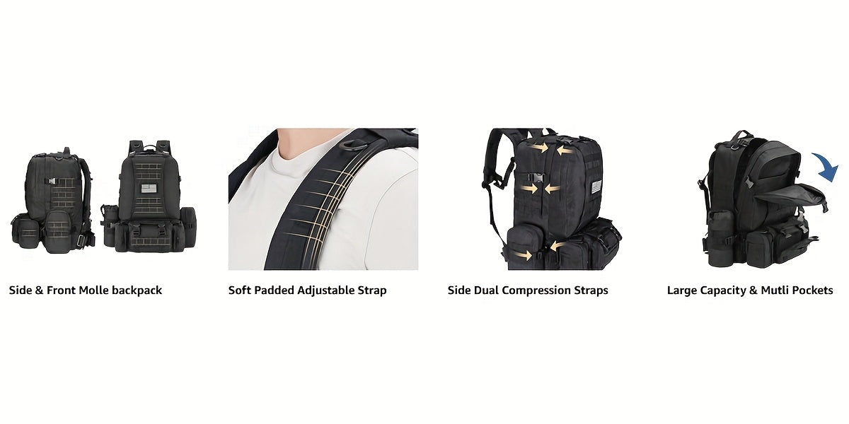 EZshoot 15.85gal Large Outdoor Backpack - High Quality & Scratch-Resistant 900D Oxford, Detachable Hydration Pouch & Crossbody Bag, MOLLE Webbing System with 8 Carabiners & 4 D-Rings, Adjustable Padded Straps for Hunting, Cam