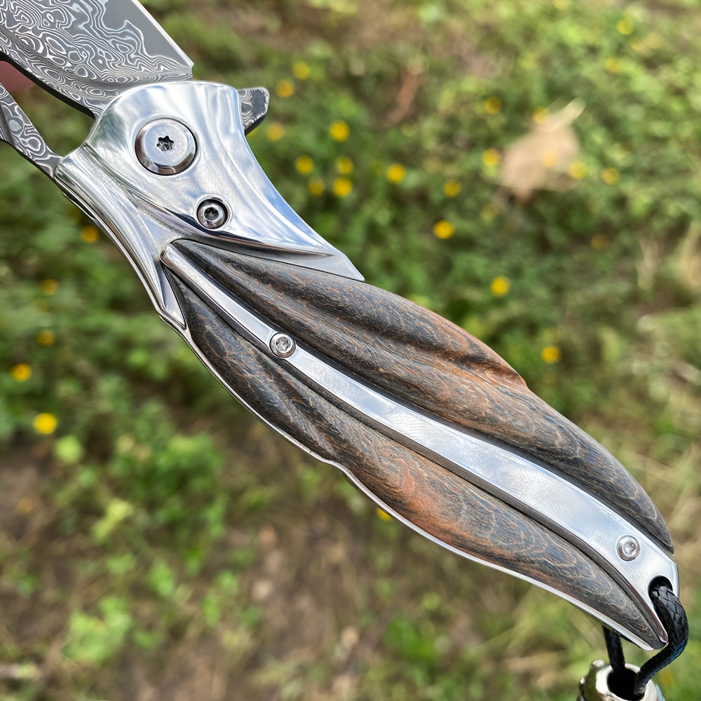 1 Piece, Damascus Steel Folding Pocket Knife, Premium Quality High Hardness Knife With Leather Sheath, Stabilized Cured Wood Handle, EDC Camping And Fishing Knife, Great For Adventure, Outdoor Hiking Tools, Men's Folding Knif