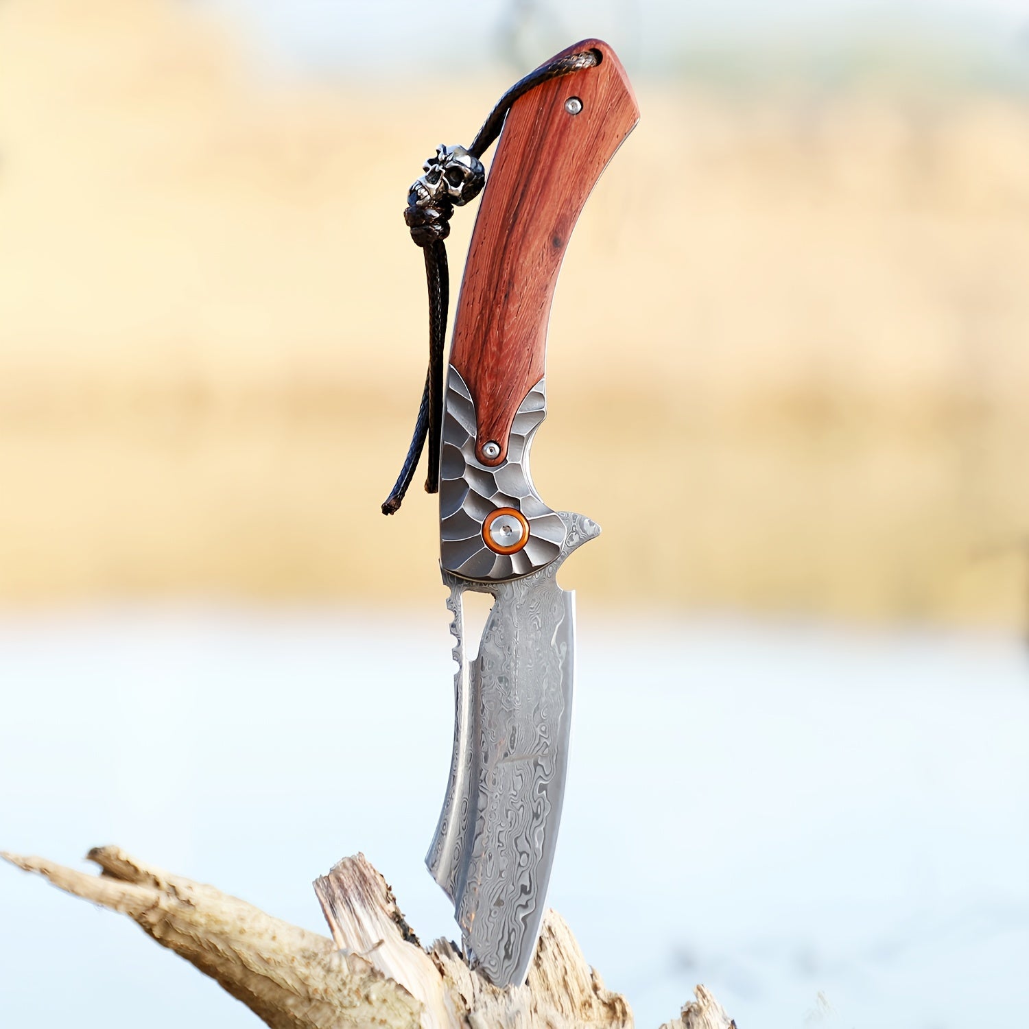 1PC Handmade High Quality Damascus Steel Pocket Knife, High Hardness Sharp Blade, Men's Folding Knife With Leather Sheath, Liner Lock, Red Sourwood Handle, Pocket Clip, EDC Outdoor Camping, Mountaineering Travel Carrying Tool