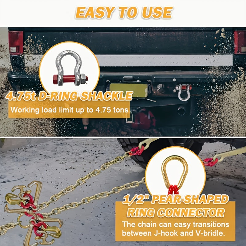 Heavy-Duty 5/16in x 6ft G80 Car Rescue J Hooks Towing Chain - Grab Hooks with 4700lbs WLL, 15in J-Hook, RTJ, Grab & Safety Hook, 5-in-1 V-Bridle Tow Chain for Truck, Farm, Motor Vehicle, Trailer Safety and Recovery