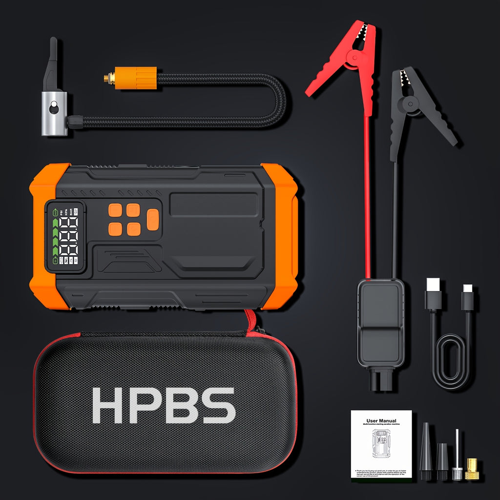 HPBS 5000A Portable Car Jump Starter with Air Compressor- 12V Battery Booster with 150 PSI Tire Inflator Air Pump for 12V Vehicles(Up to 2.11gal Gas And 1.72gal Diesel Engines), Car Jump Box with LED Light, Fast Charging USB