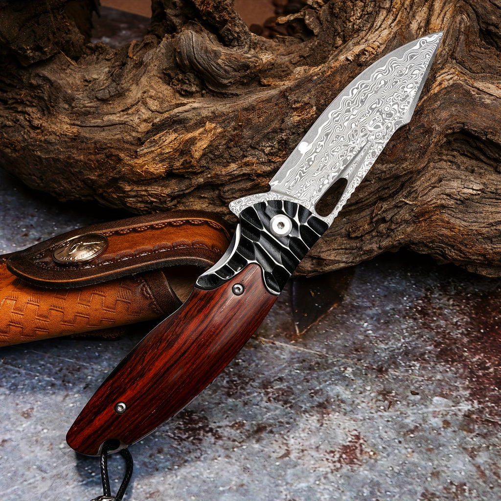 1PCS Damascus Steel Folding Pocket Knife - High-Carbon VG10 Steel Core Blade, RoseWood Handle, Leather Sheath, Compact EDC Tool for Outdoor Camping and Hiking Adventures