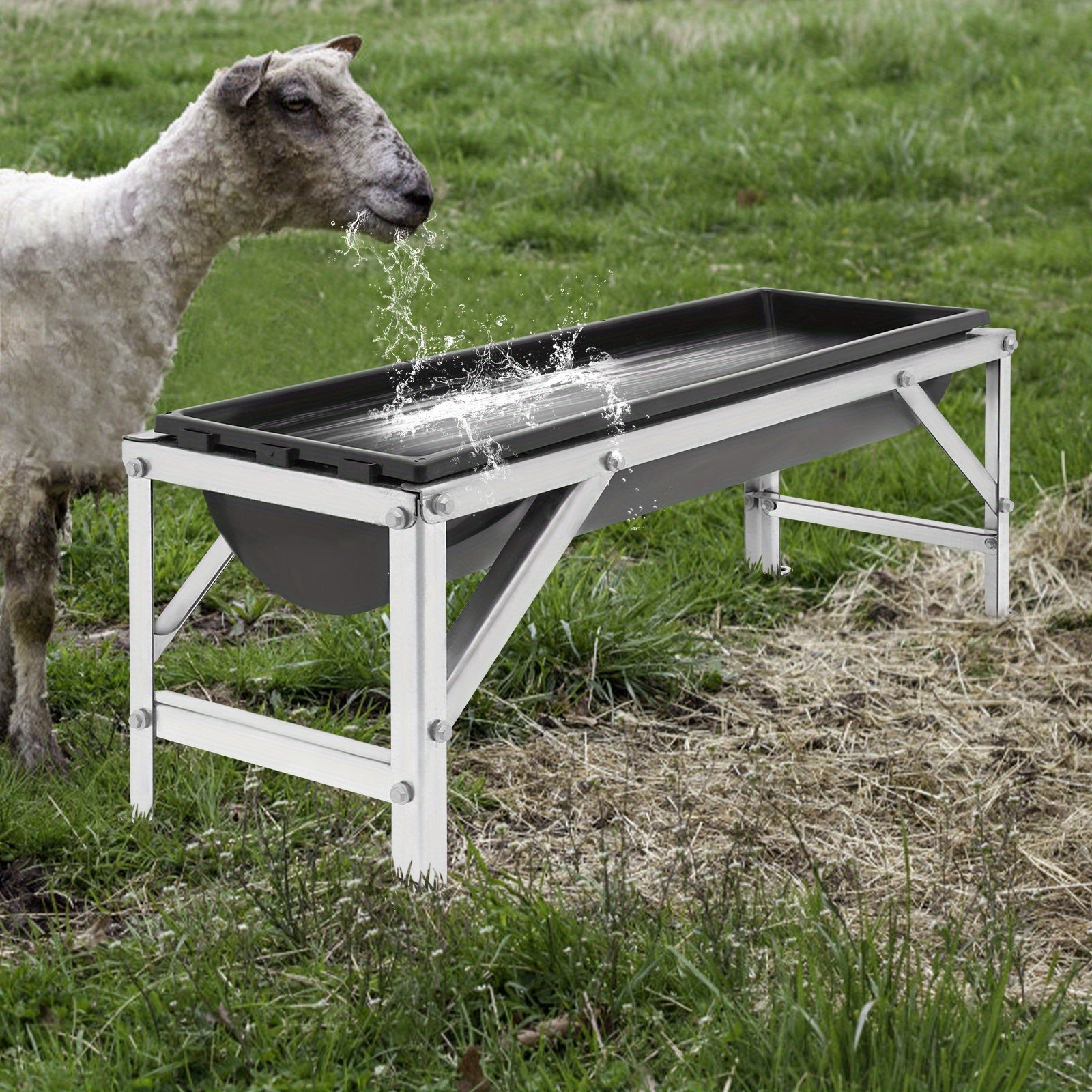OUKANING 35L/9.25Gal Large Capacity Horse Feeder Water Trough with Stand - Durable Metal Frame, Easy-Clean Design for Calfes, Sheep, Horses, Alpacas & Goats - Farm Livestock Feeding & Hydration, Horse Feeder, Sturdy Construct