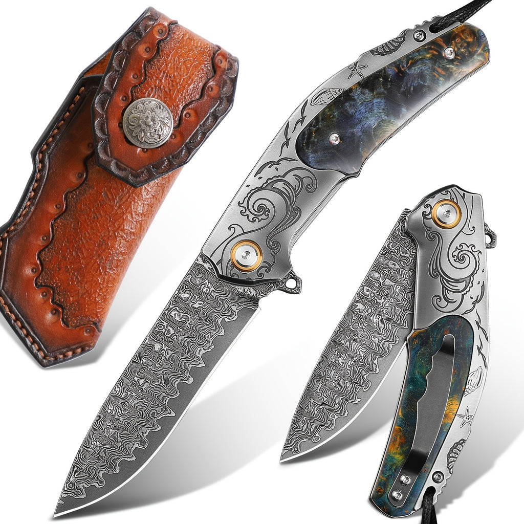 High Quality Men'S Folding Pocket Knife, 3.6 Inch Damascus Steel Folding Knife With Cowhide Sheath, Sea Wave Engraving Pattern, Stabilized Wood Handle With Pocket Clip, Suitable For Camping And Hiking, EDC Expedition Fishing