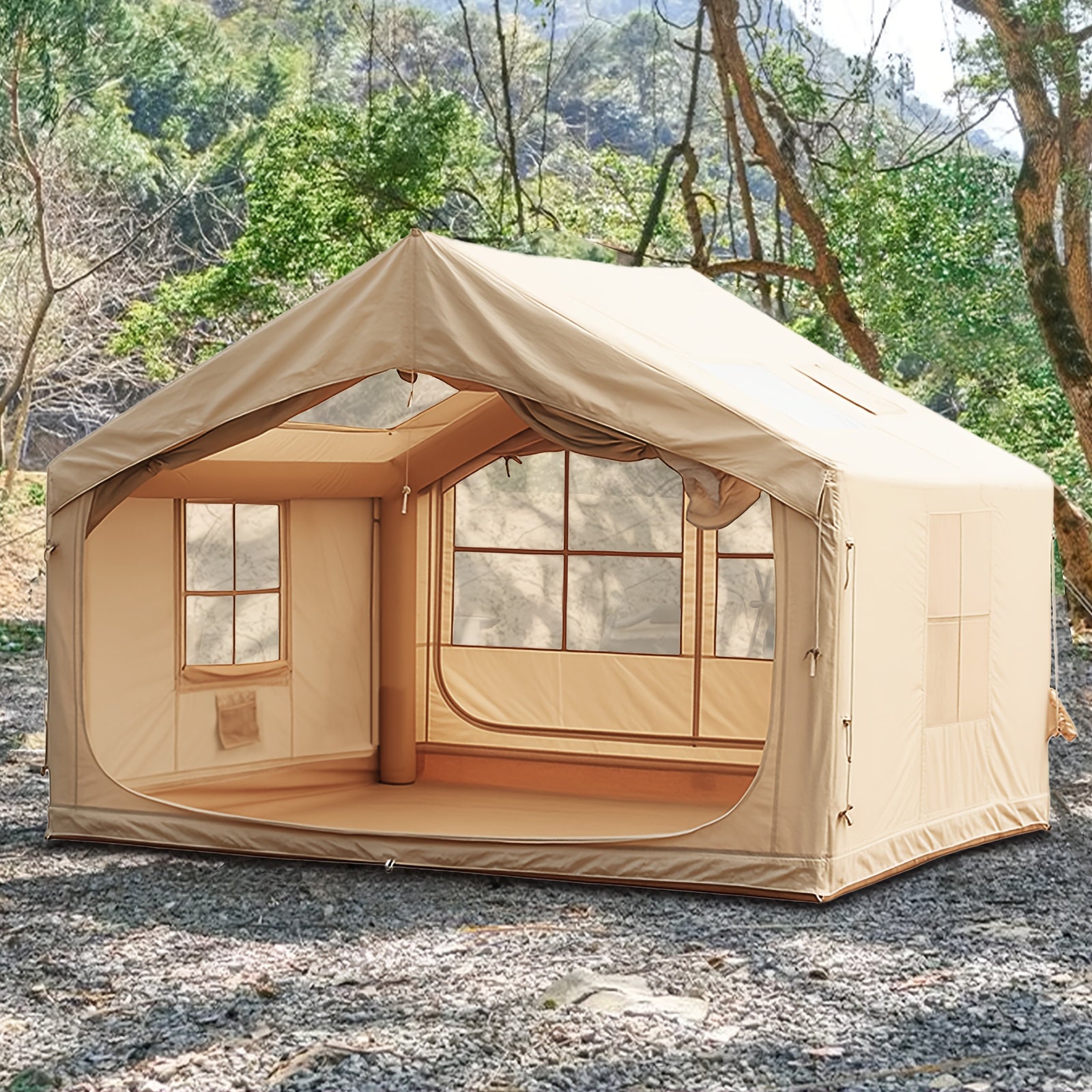 8-10 Person Inflatable Camping Tents, 129 SqFt Large Air Tent, Winter Blow Up Tent with Stove Pipe Port, 4-Season Glamping Tent with Large Mesh Windows& Zipper Closure, for Couples, Group And Family