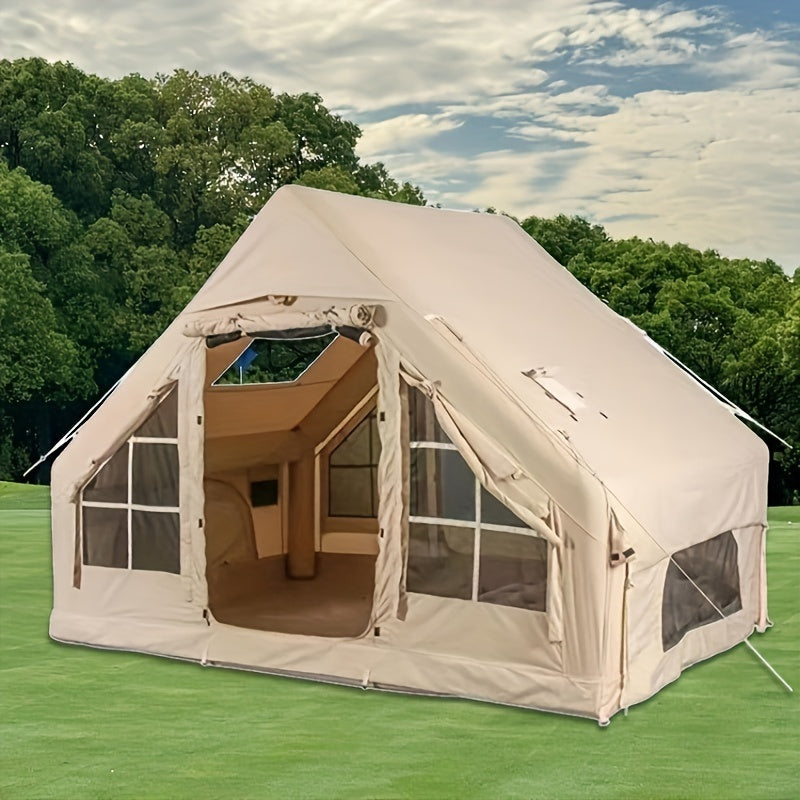 Inflatable Camping Tents With Hand Pump, Air Glamping Tents, Easy Setup Waterproofand Windproof Blow Up Tent, 4 Seasons Oxford Cabin Tent With Mesh & ChimneyWindow.