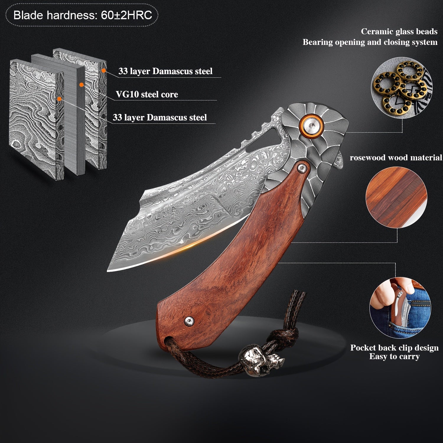 1PC Handmade High Quality Damascus Steel Pocket Knife, High Hardness Sharp Blade, Men's Folding Knife With Leather Sheath, Liner Lock, Red Sourwood Handle, Pocket Clip, EDC Outdoor Camping, Mountaineering Travel Carrying Tool