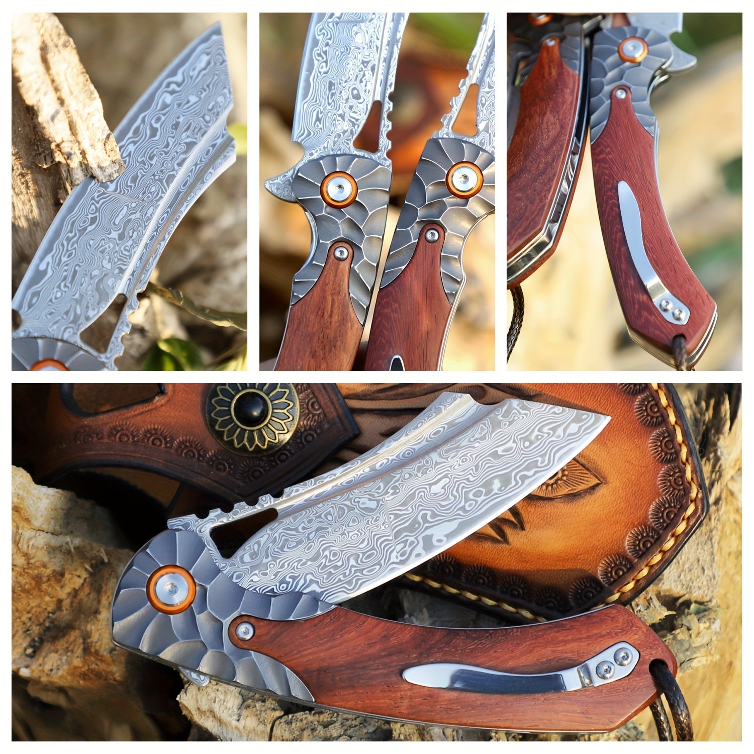 1PC High Quality Handmade Damascus Steel Folding Pocket Knife With Leather Sheath, Pocket Back Clip, Rosewood Handle, Men's EDC Pocket Knife, Outdoor Camping, Mountaineering Adventure, Traveling Fishing Tool Knife